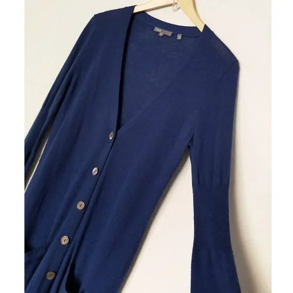 Vince 100% Cashmere V Neck Longline Cardigan S Lightweight Blue Button Pockets - Picture 4 of 16